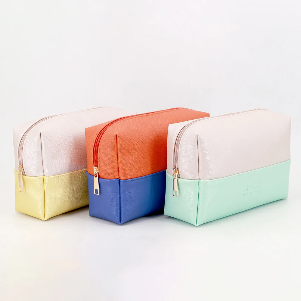 Wholesale Combination Color Custom Waterproof Zipper Vegan Leather Makeup Pouch Cosmetics Bag for Lady