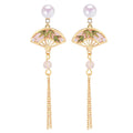18K Gold-plated New Chinese Style Tassel Fan Jewelry Natural Freshwater Pearl Earrings for Women