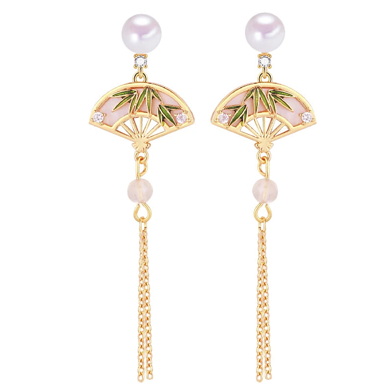 18K Gold-plated New Chinese Style Tassel Fan Jewelry Natural Freshwater Pearl Earrings for Women