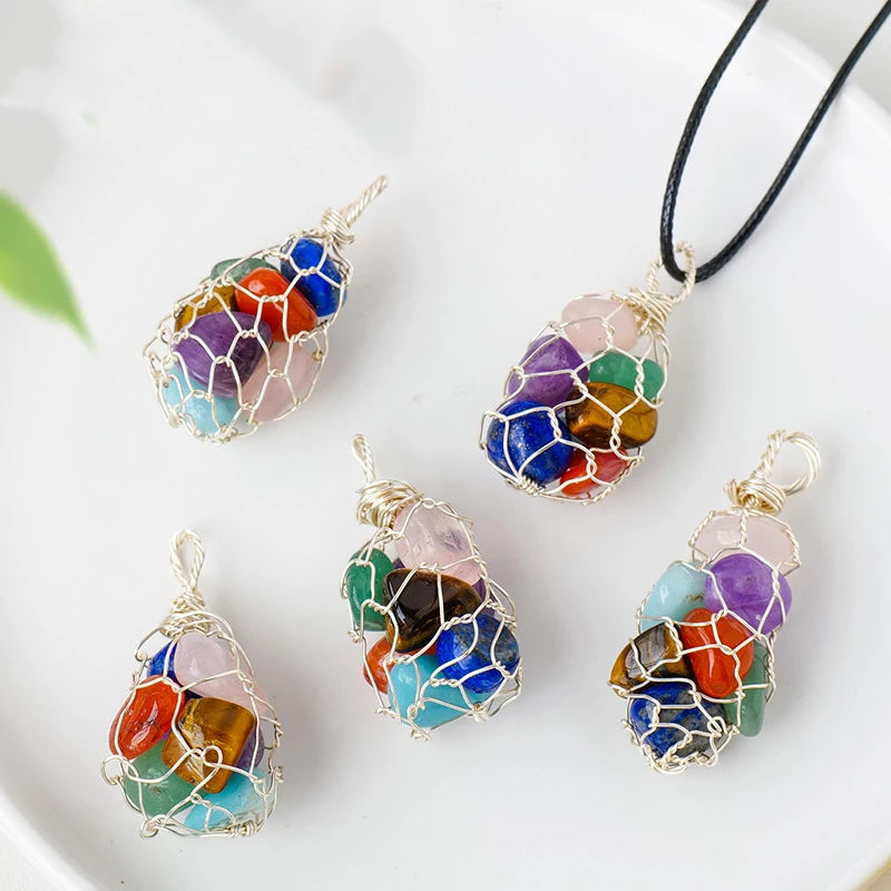 Wholesale Natural Healing Stones Seven Chakra Crystal Gravels Net Pocket Crystal Pendant