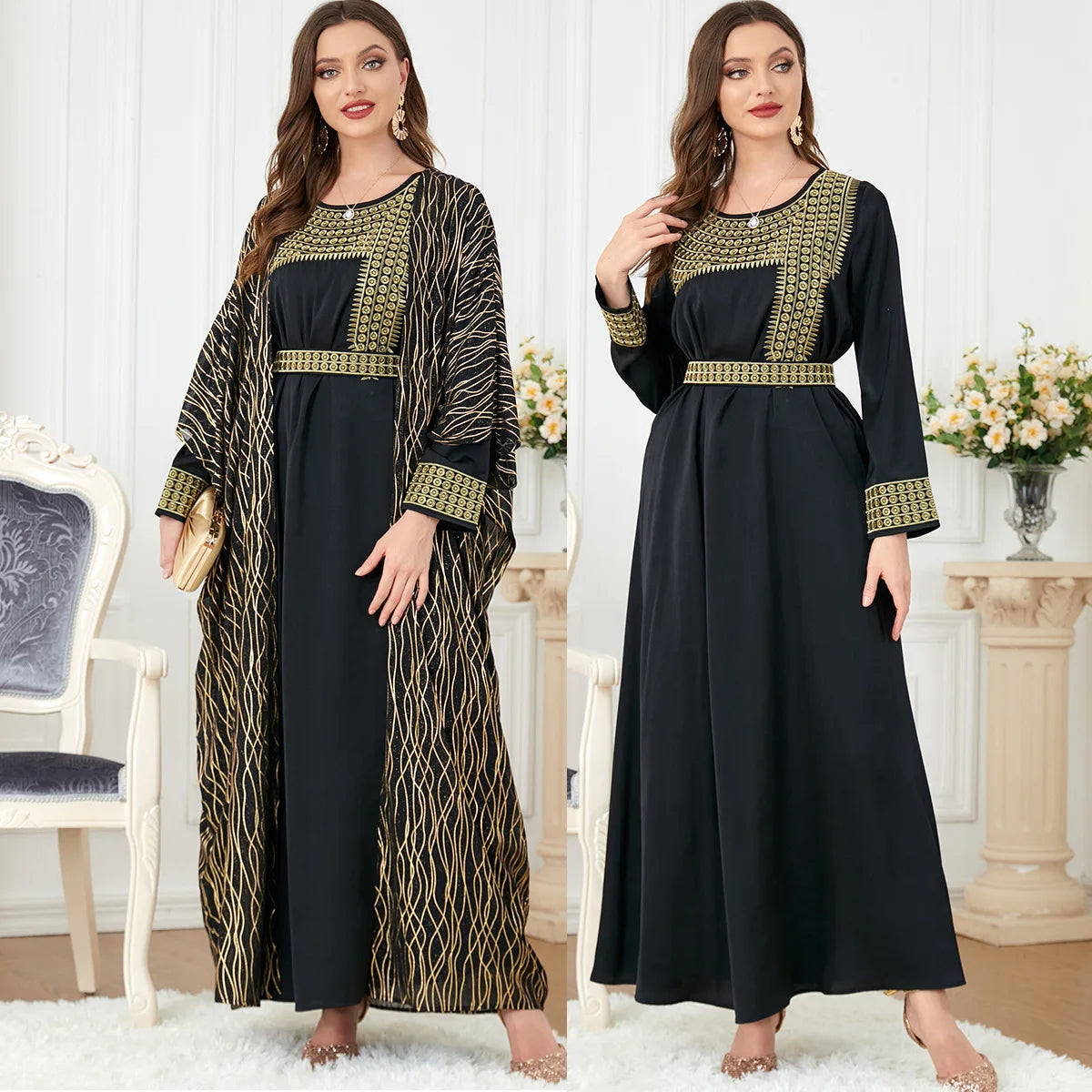 3241 Ramadan Women Muslim Abaya Sets  Femmes Robe UNI Dubai Muslim   Alabiya & Kaftan Open Abaya Kaftan