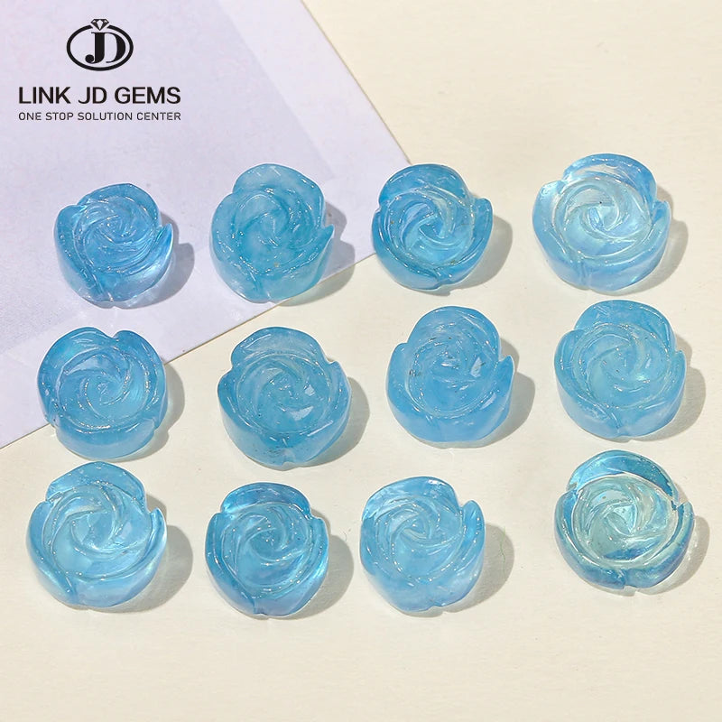JD GEMS Natural Aquamarine Rose Beads Fashionable Crystal Carved Figurine Pendant Earring Bracelet Jewelry Findings Components