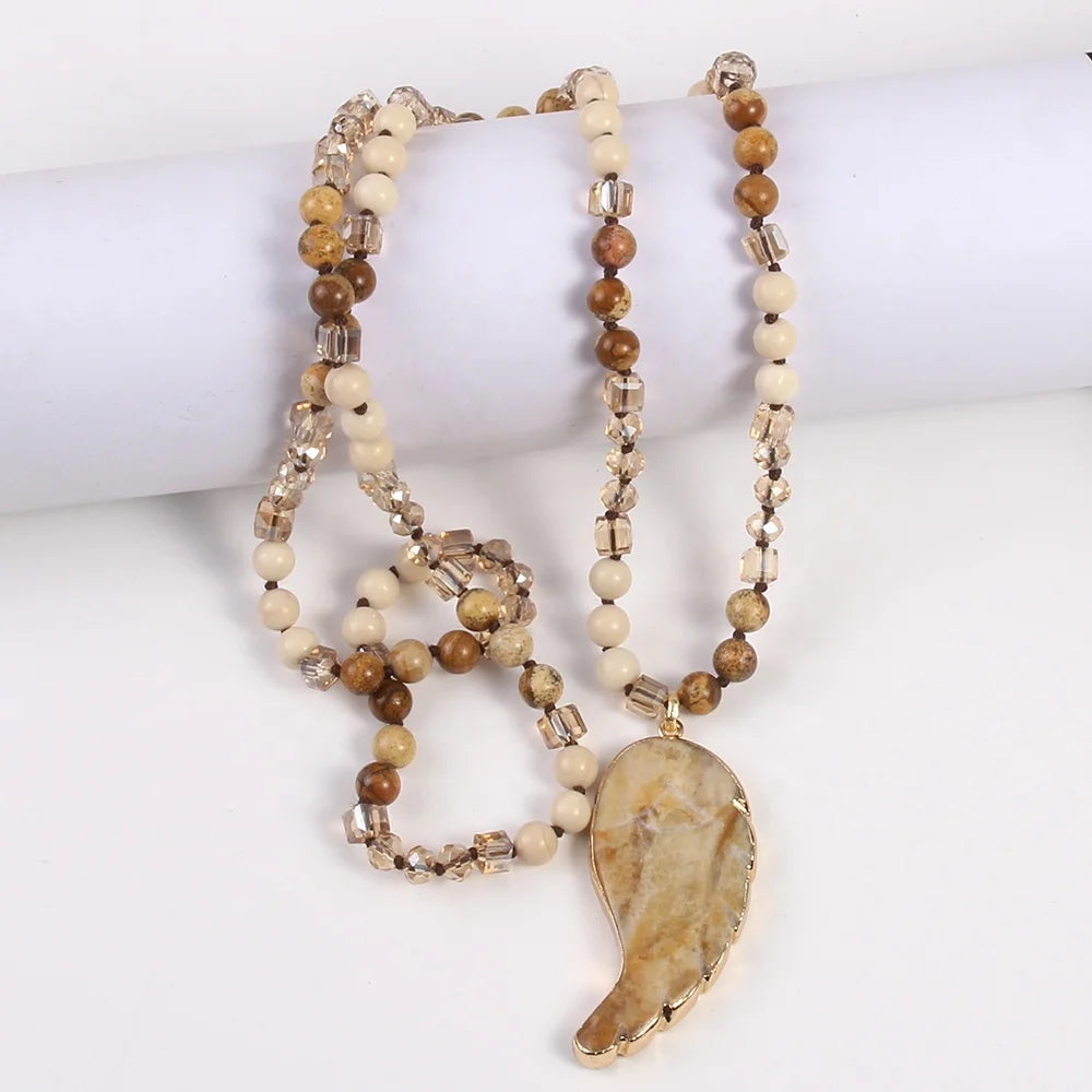 Fashion Bohemian Jewelry Knotted 6mm Natural Stone Crystal Glass Stone Wing Charm Pendant Handmade Necklace Women Jewelry