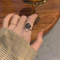 Korean Style Gold Plated Zircon Black Camellia Ring Open Adjustable CZ Rose Flower Finger Rings for Women Gif
