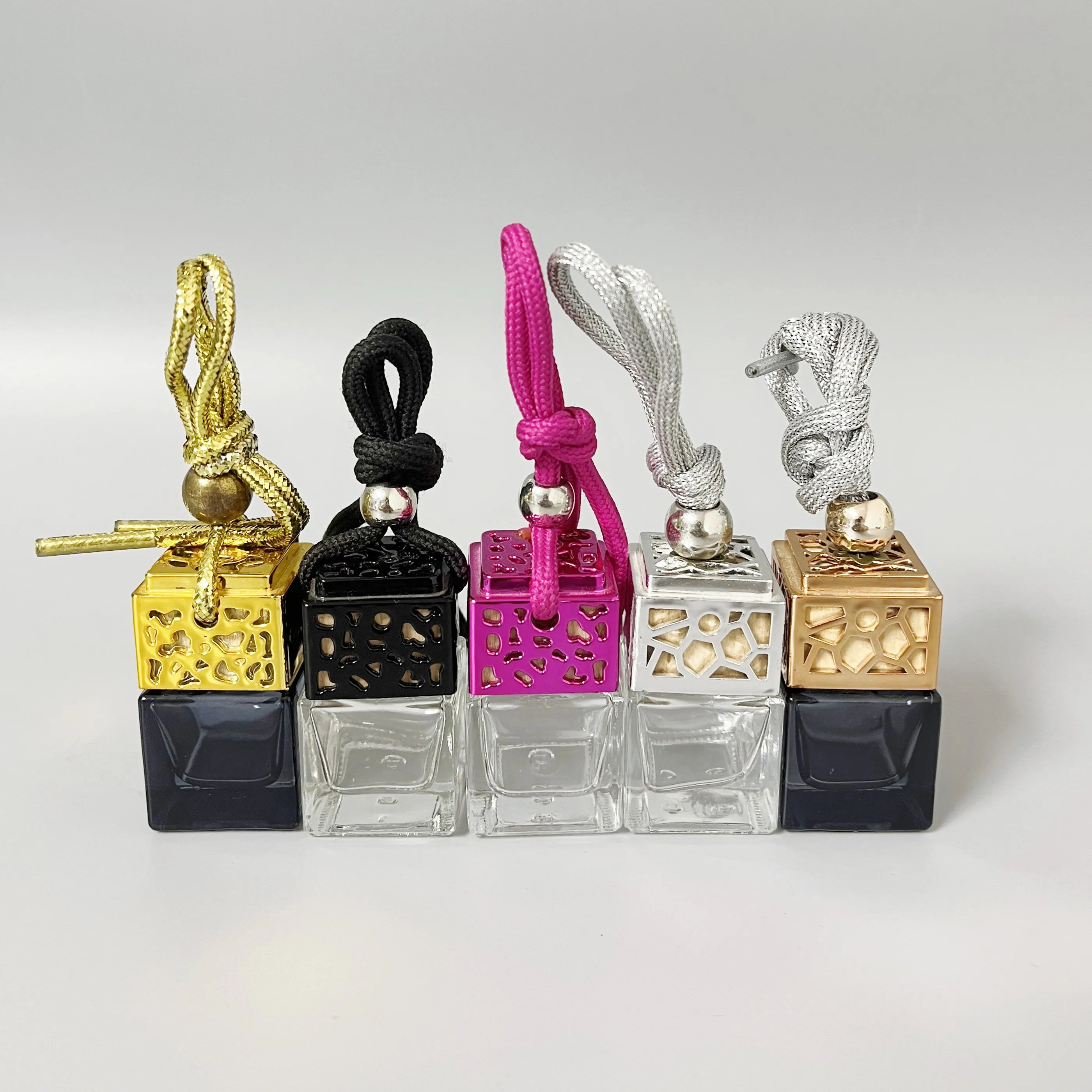 8mlCar Perfume Bottle Pendant Golden Silver Lid Hollow square Glass Empty Bottle Essential Oil Sub-bottling Car Hanging Gift