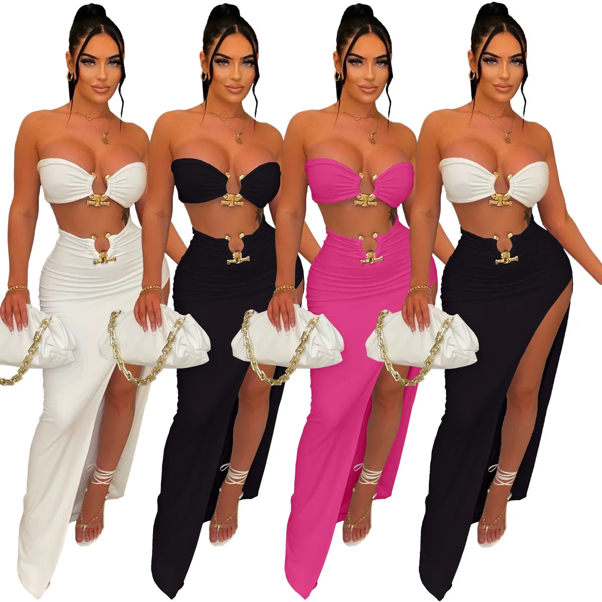 2024 New Arrivals Summer Outfits Fashion Wrap Breast Irregular Beachwear Bra Sexy 2 Piece Skirt Sets Women