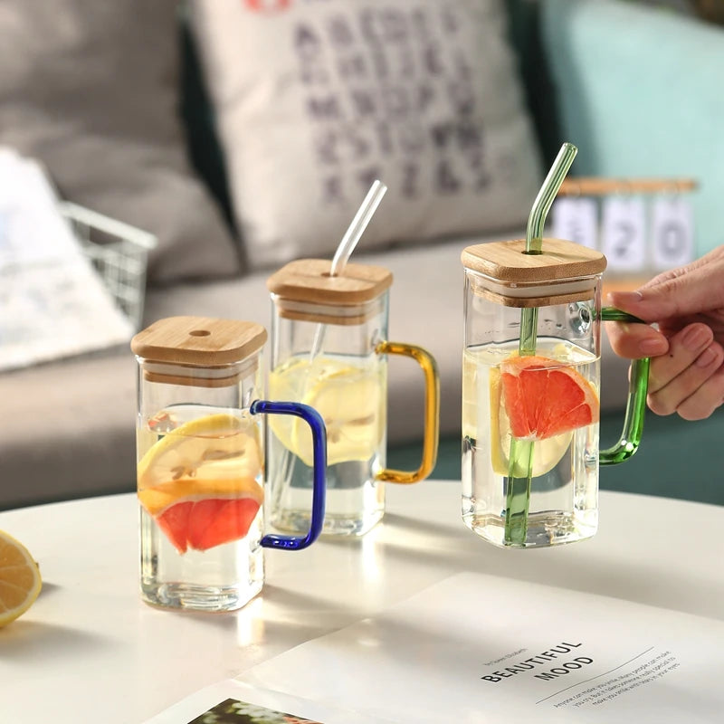 Customized Square Borosilicate Glass Coffee/Cold Drink/Water Cup with Handle Bamboo Lid & Glass Straw 13.5 Ounce