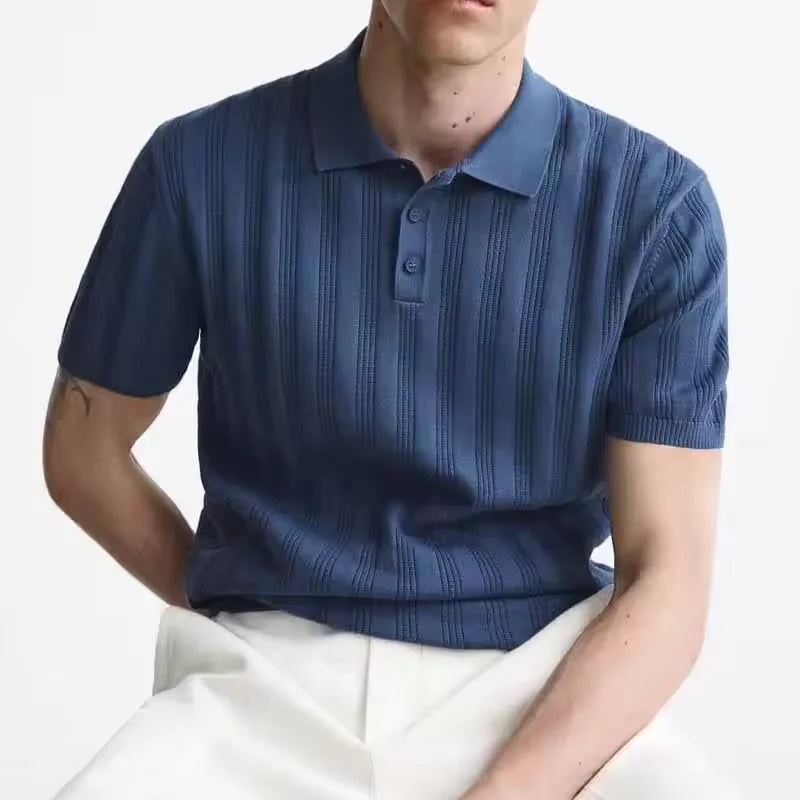 Spring Summer 2025 Custom OEM ODM Men 100%Cotton Vertical Stripe Neck Breathable Cotta Rib Knit Polo Shirts