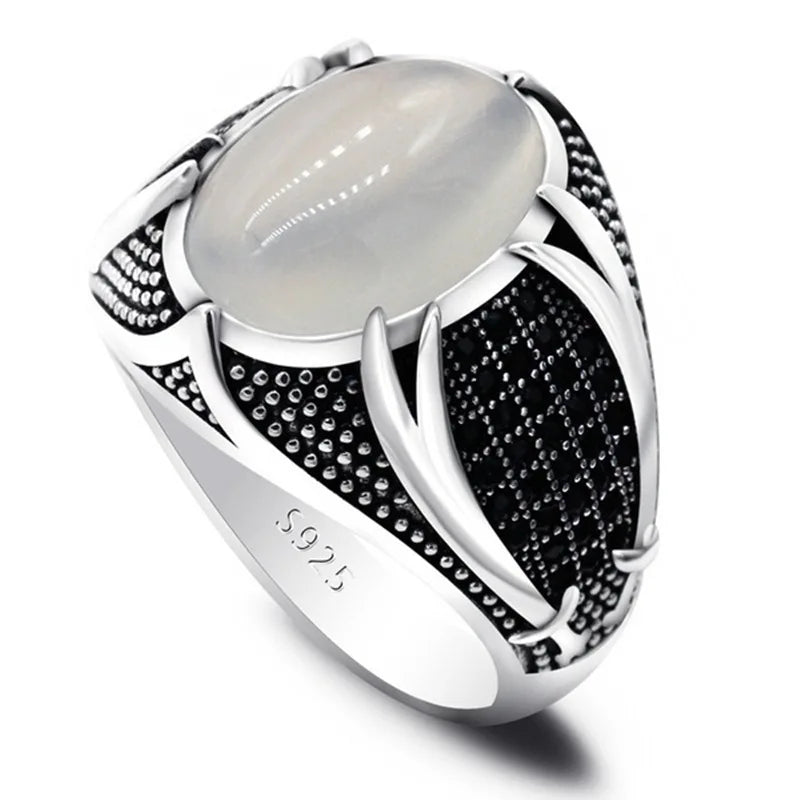SC Retro Islamic Two Machetes Ring Turkish Double Swords Black Stone Punk Trendy Religious Muslim Rings Oval Opal Stone Rings