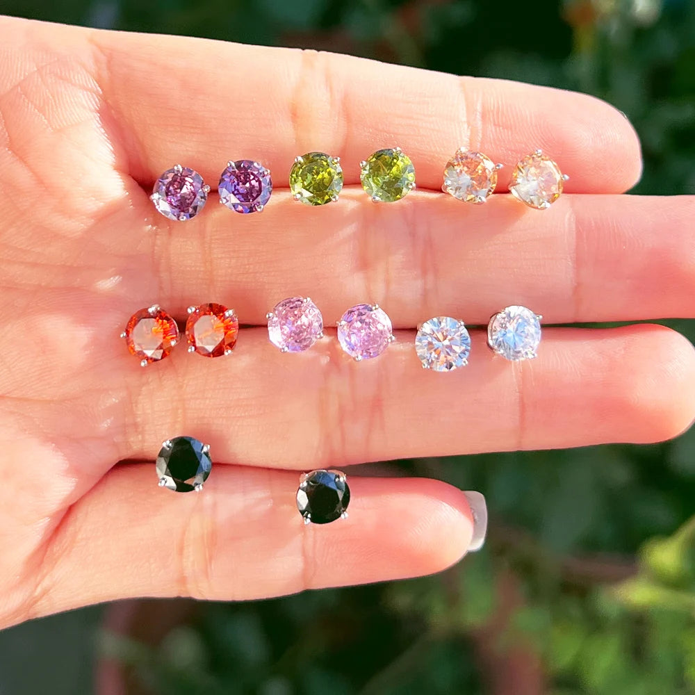 Single Round CZ Stone White Red Champagne Olive Purple Red 6mm Cubic Zirconia S925 Sterling Silver Stud Earrings for Women