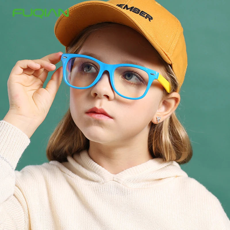 Fashion Boys Girls Computer Eyewear Healthy Material Silicone Anti Blue Light Glasses with Rectangle Frame for Children Kids