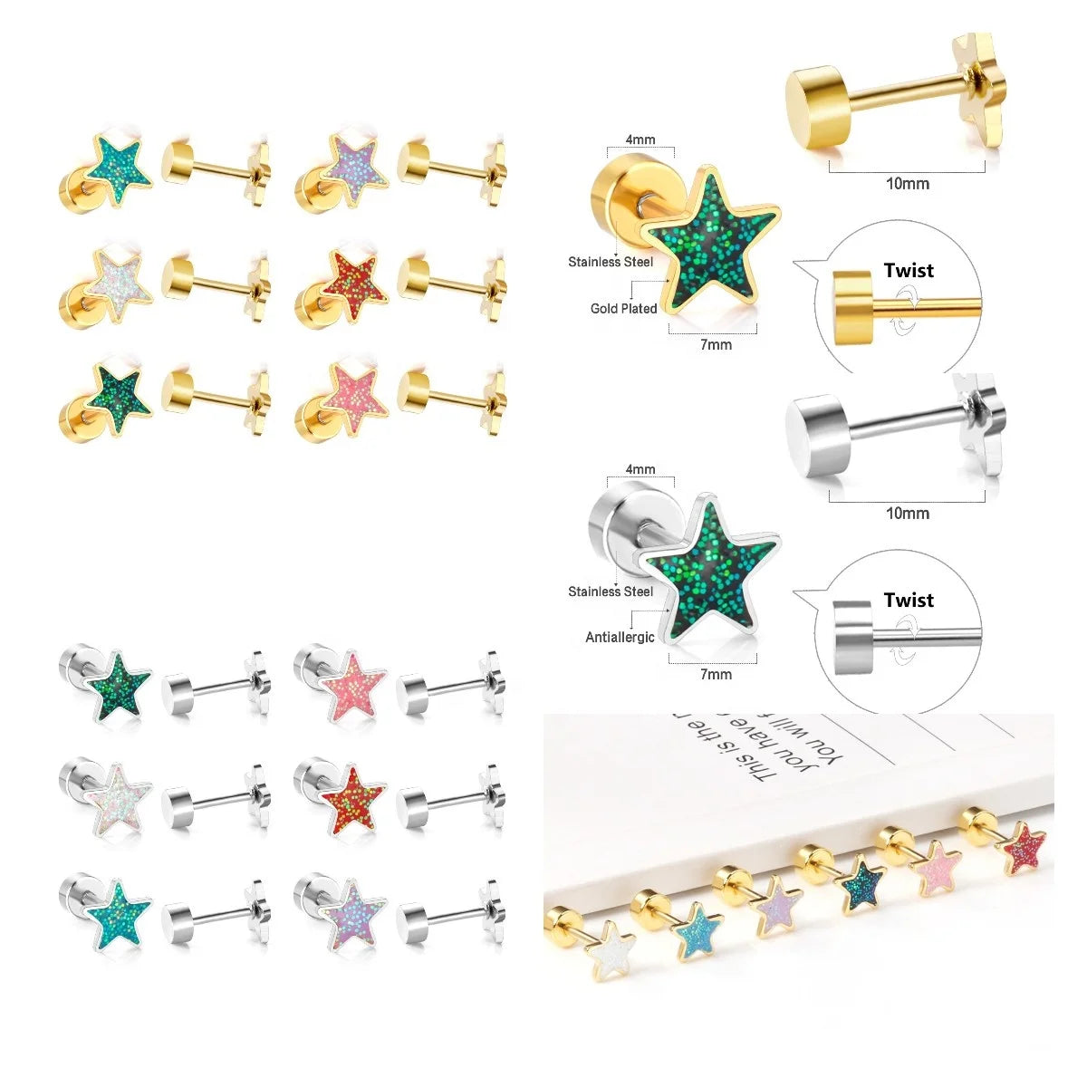 Popular Star Shape Stainless Steel Gold Plated Jewelry Simple Screw Earrings for Kids & Girl Gift