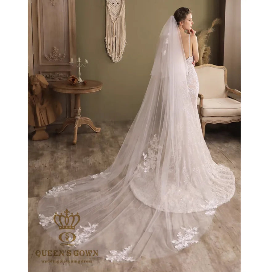 QUEENS GOWN Vintage Two-Layer Bridal Veil Long Train With FLoral Embroidered Pattern Accessories for Bridal Wedding Dress
