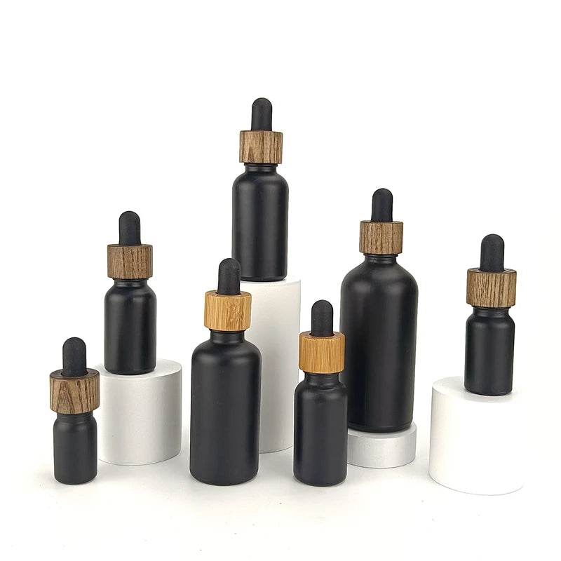 Bamboo Wooden Dropper Bottle 10 ml 15 ml 20 ml 30 ml 50 ml 100ml Matte Black Glass Bottle Serum Dropper Bottle for Essential Oil