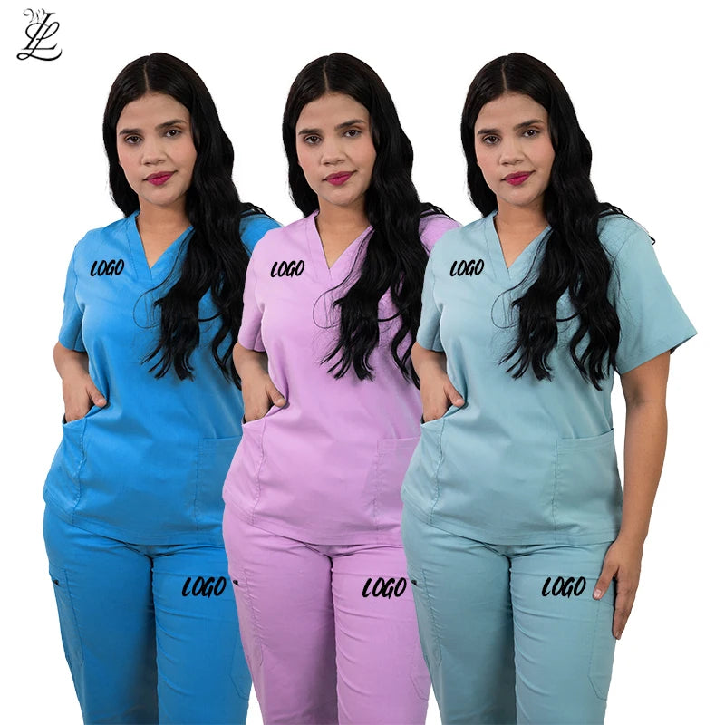 High Quality Pet Hospital Custom Label Logo White Doctor Black Woman Medical Stretch Scrub Sets Nursing Jogging Uniform Suit