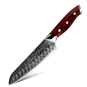 Grandsharp 6.5 Inch 67 Layers Japanese Damascus AUS10 Blade Red Pakka Handle Chef Butcher Pro Cutting Santoku Kitchen Knife