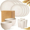 16 Pcs Reusable Wheat Straw Unbreakable Dishwasher Microwave Safe High Grade Dinnerware Plates Bowls Sets RV Outdoor Camping