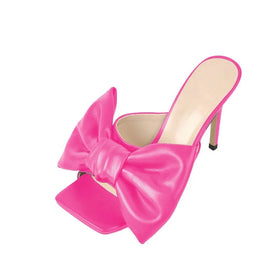 2022 Plus Size Summer Pink Square Toe Sandals Stiletto Mules Ladies Bowknot High Heels Slippers With Heel
