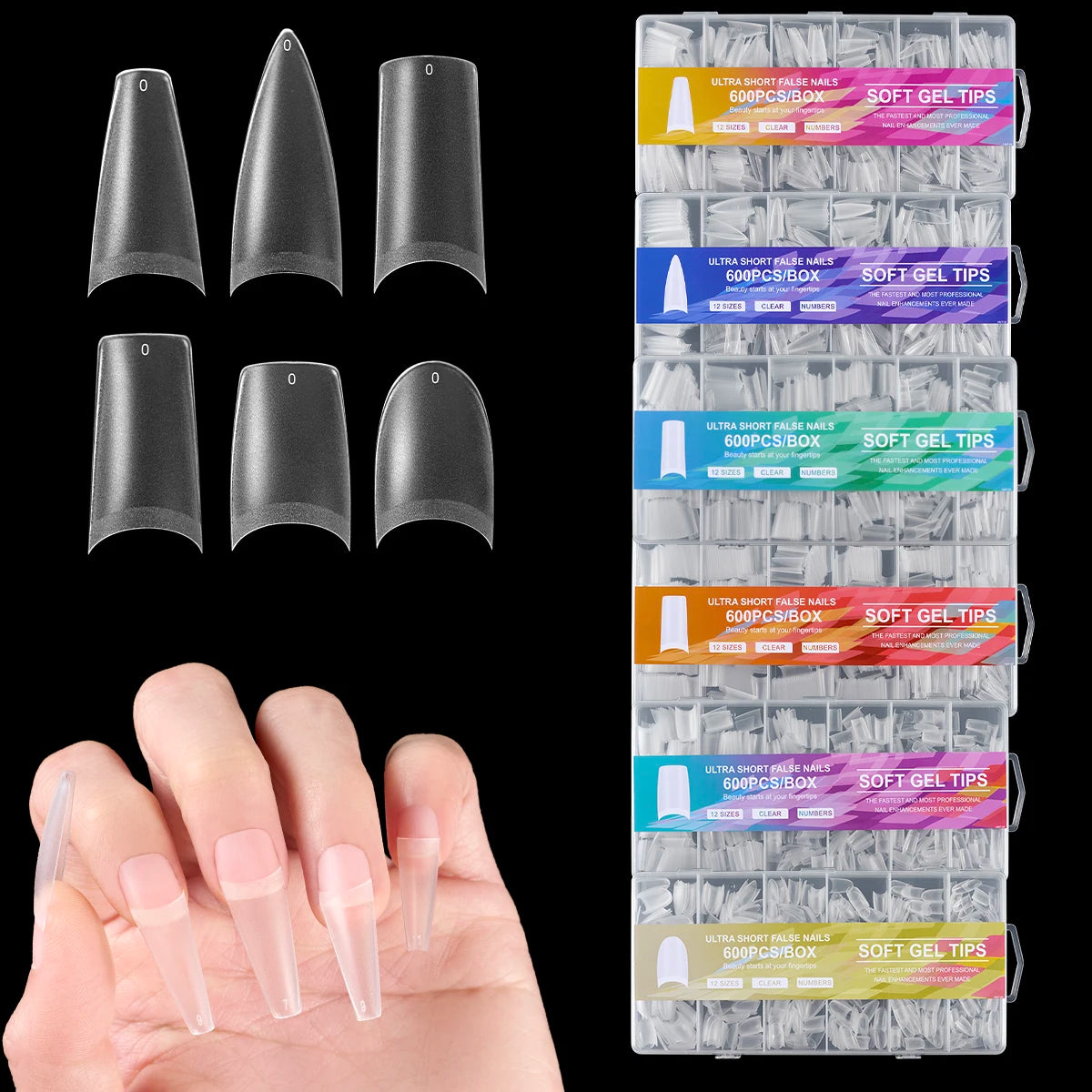 Wholesale 600-Piece Box of French Almond Stiletto New Nail Art Flakes Scratch-Free Thin Frosted Transparent Traceless Fake Nails