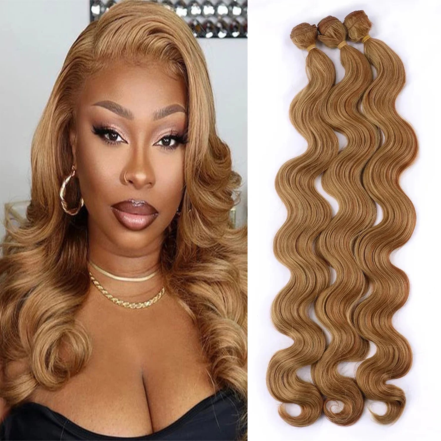 Body Wave Ponytail Hair Bundles 26 Inch Piano Blonde Natural Synthetic Hair Weave Ombre Brown Blonde Hair Extensions