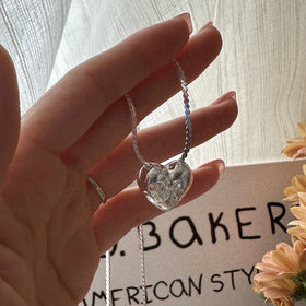 Vintage Big Heart Pendant Necklace 925 Sterling Silver Hammered Puff Heart Necklace for Daily