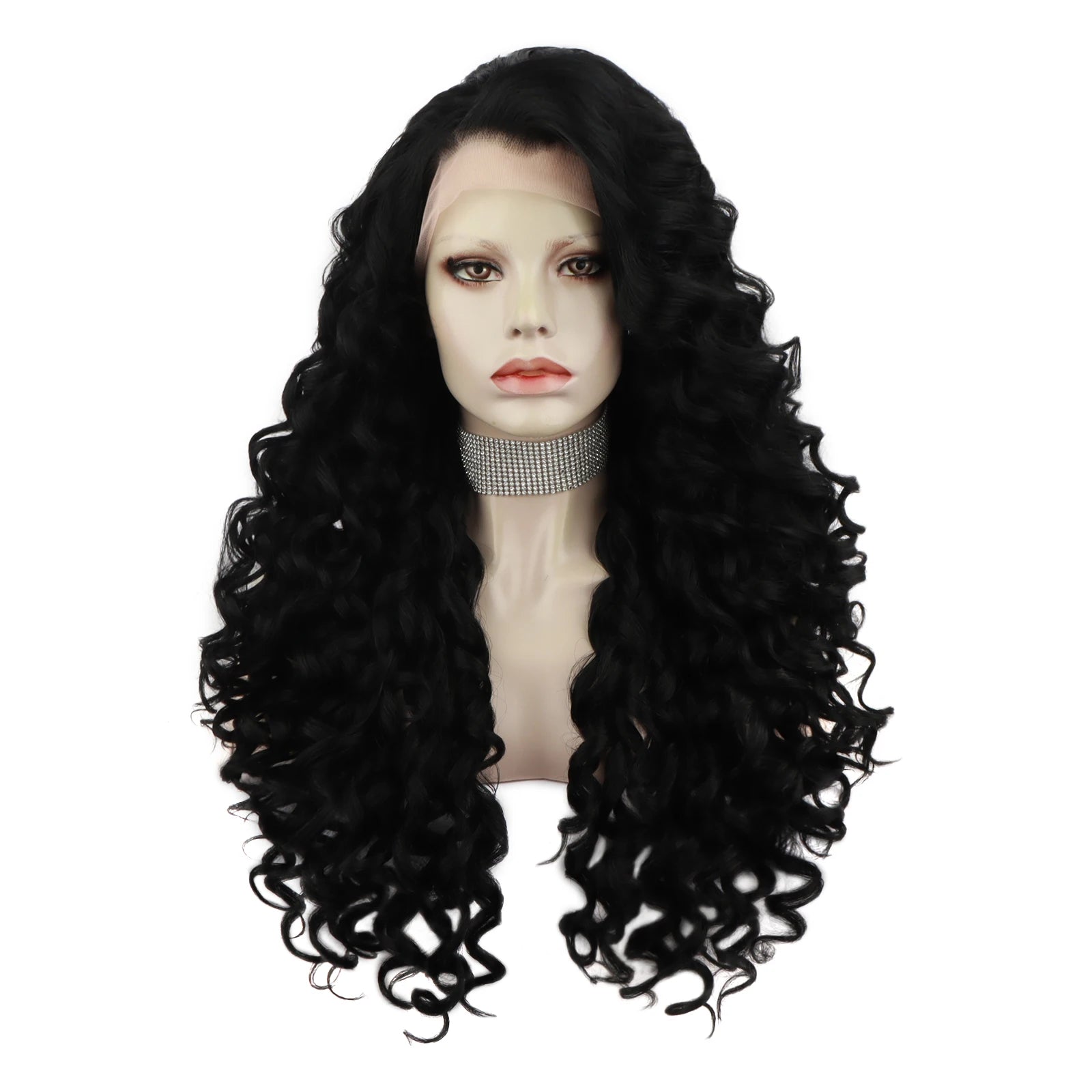 Celebrity Black Curly Futura Heat Resistant Henlon Fibre Transparent Synthetic Hair Lace Front Party Wigs