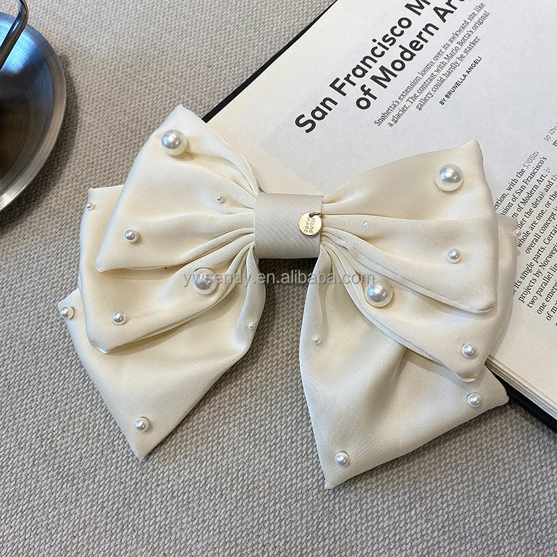 Korean New Fashion Hair Accessories Summer Satin Pearl Big Bow Hair Clip Women Advanced Spring Clip
