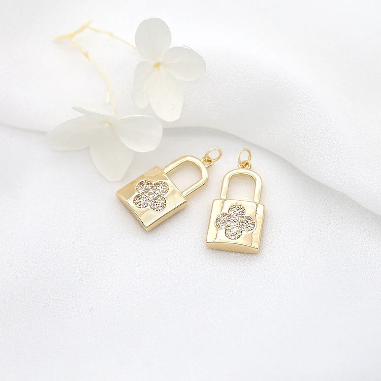 Dainty Padlock Charm in 14K Gold Plated Cubic Clover Lock Charm for Earring Bracelet Necklace
