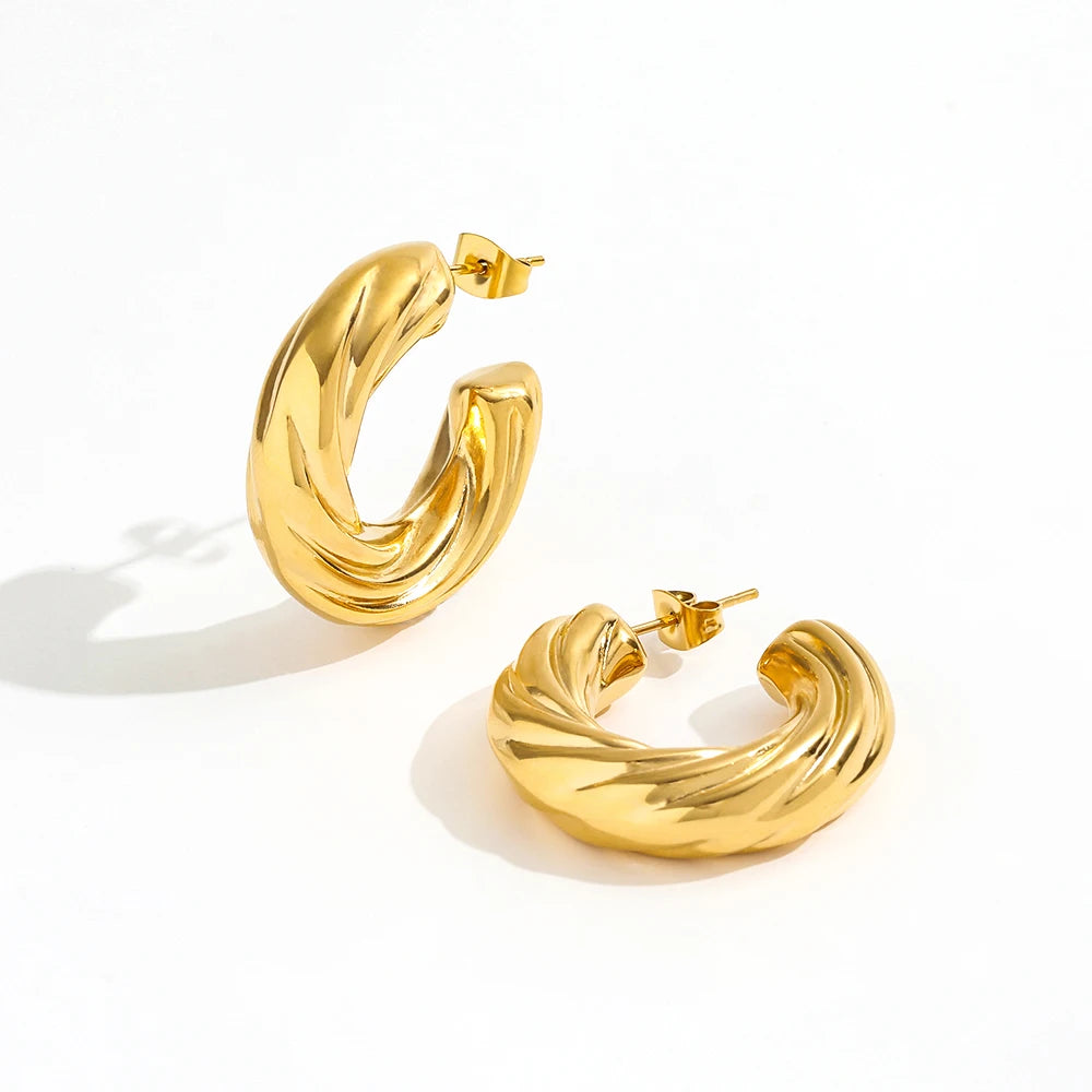 High End PVD 18K Gold Plated Chunky Twisted Lightweight Hollow Stainless Steel Hoop Earring Fashion Jewelry