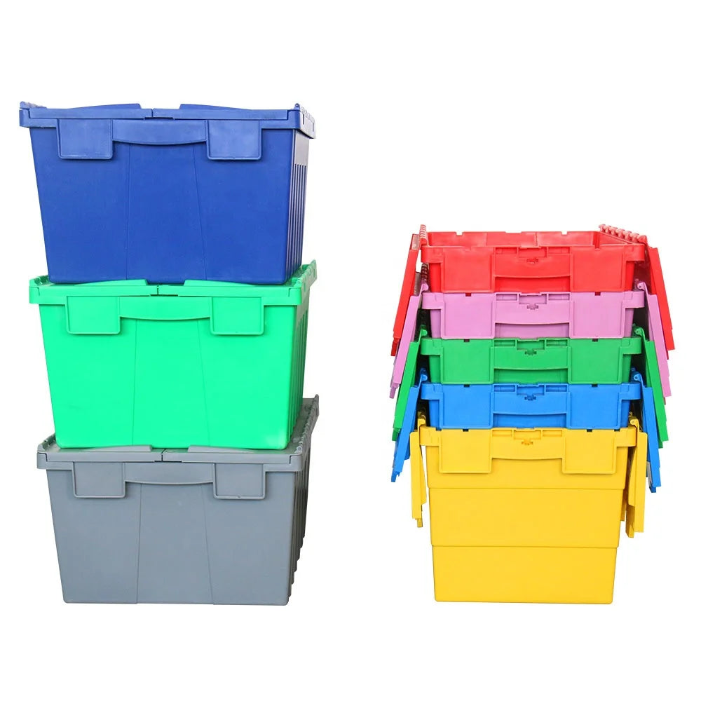 Heavy Duty Warehouse Logistic Relocation Nestable Stackable Plastic Storage Totes Plastic Moving Crates with Attached Lid