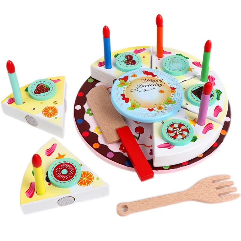 Wooden Kitchen Dishes DIY Birthday Cake Simulation Toy for Kids Boys Girls