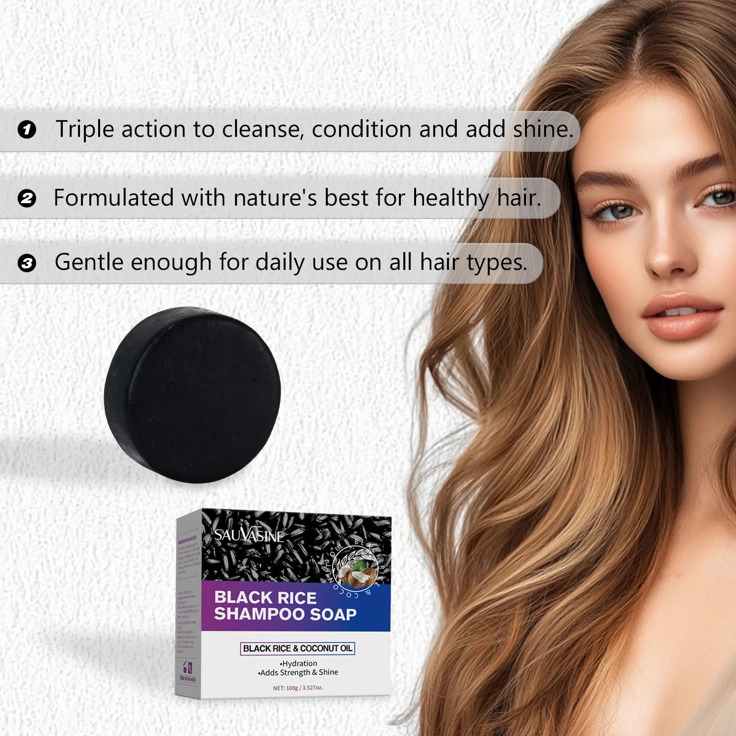 SAUVASINE 100g Solid Shampoo Soap Black Rice Germ Extract Rich Nutrient Moisturizing Hair Shampoo