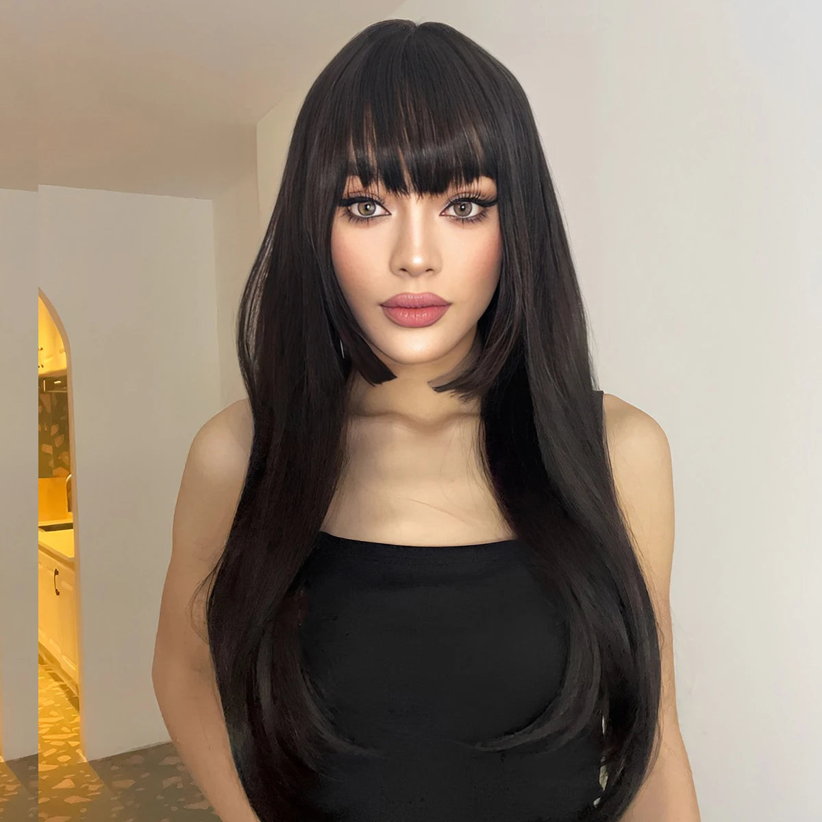 Factory Fast Delivery Long Dark Synthetic Heat Resistant Fiber Black Wigs with Bangs Layered Straight Hairs Wig for Women