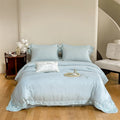 High-end Household Summer Flower Embroidery Lyocell Fiber Comforter Quilt Cover Blue Bedding Set
