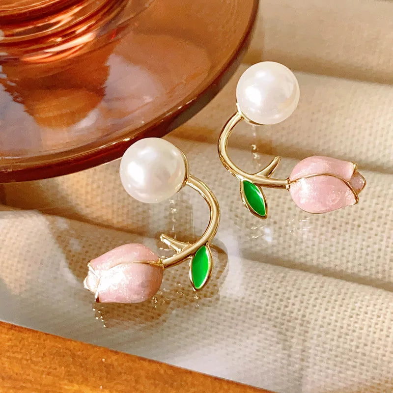 French Pink Tulip Flower Stud Earrings Niche Design Premium Pearl Earrings S925 Silver Needle Earrings