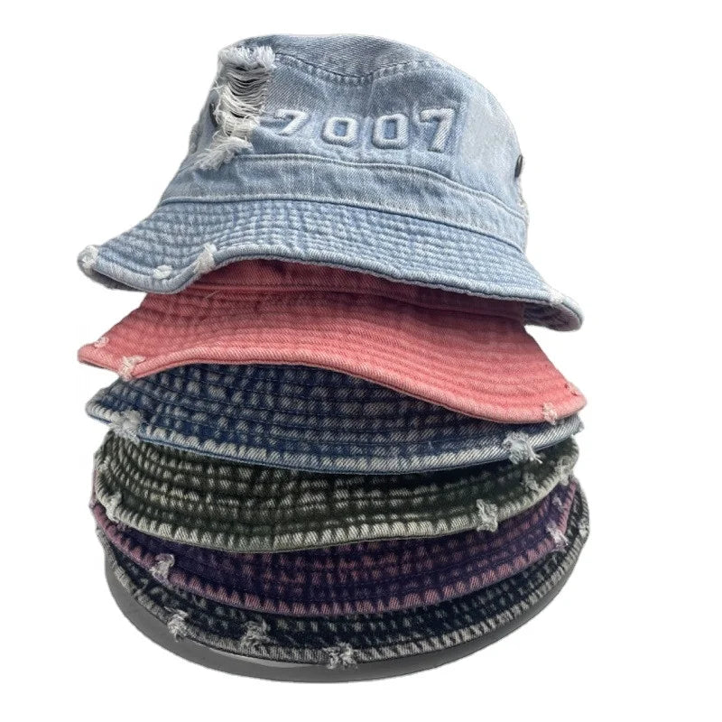 Custom Vintage Washed Denim Bucket Hat Distressed Trendy Style Embossed Letter Pattern 100% Cotton for Travel Casual Daily Wear