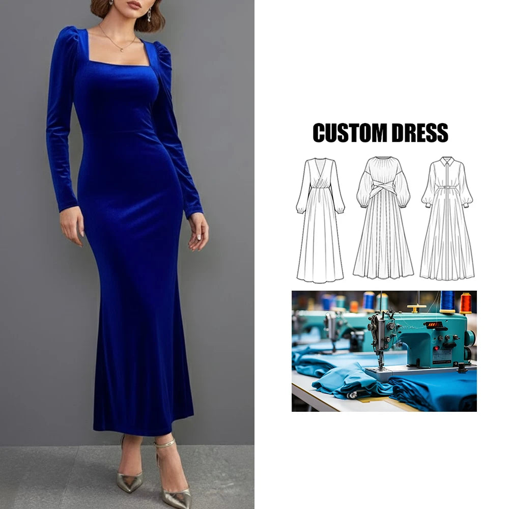 OEM Custom Women's Clothing Backless Square Neck Hip-wrapped Long-sleeved Velvet Fishtail Maxi Dress Banquet Party Dress