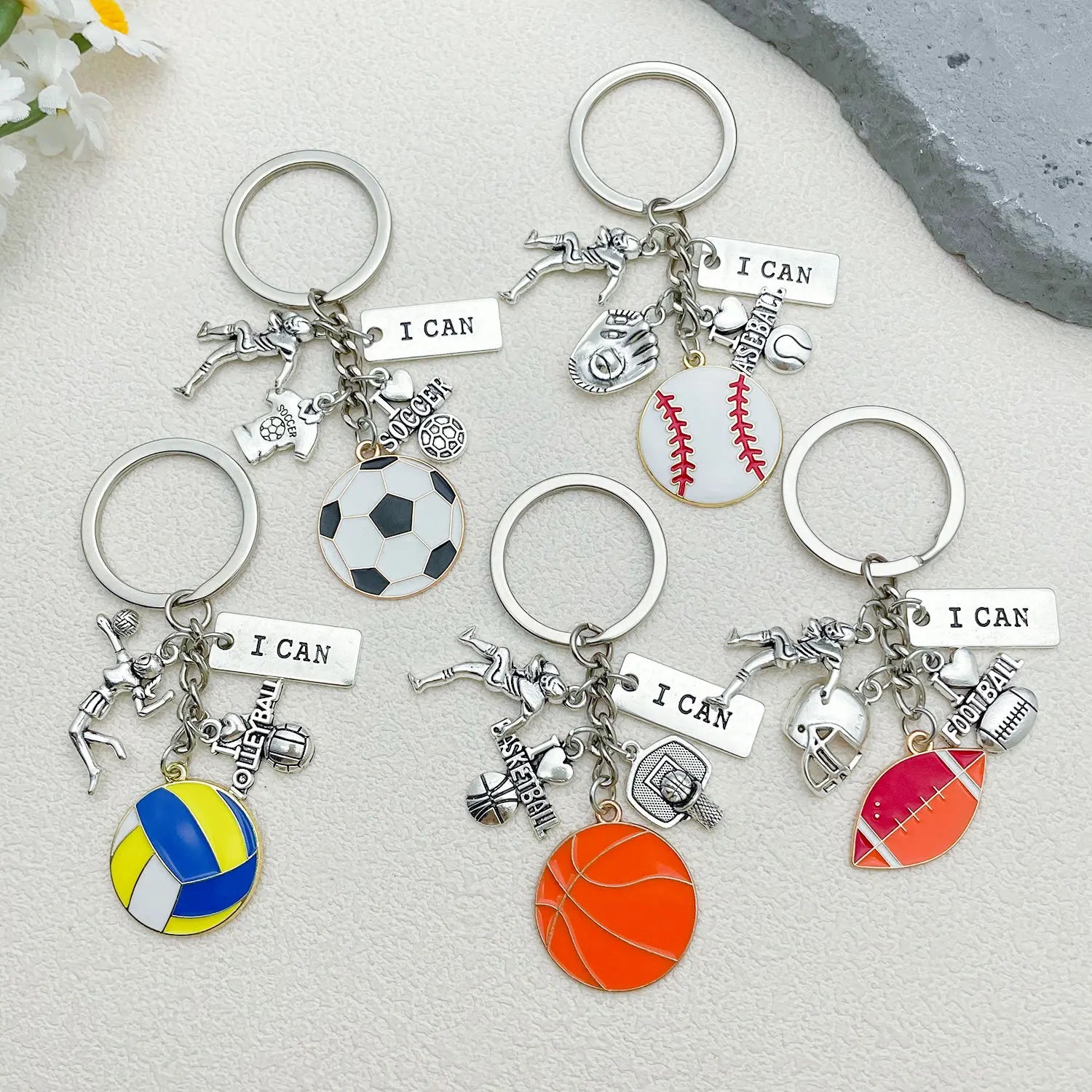 Sports Keychain Set  Alloy Football Basketball Keyring Fan Souvenir Gift Volleyball Baseball Pendant for Athletes & Supporters