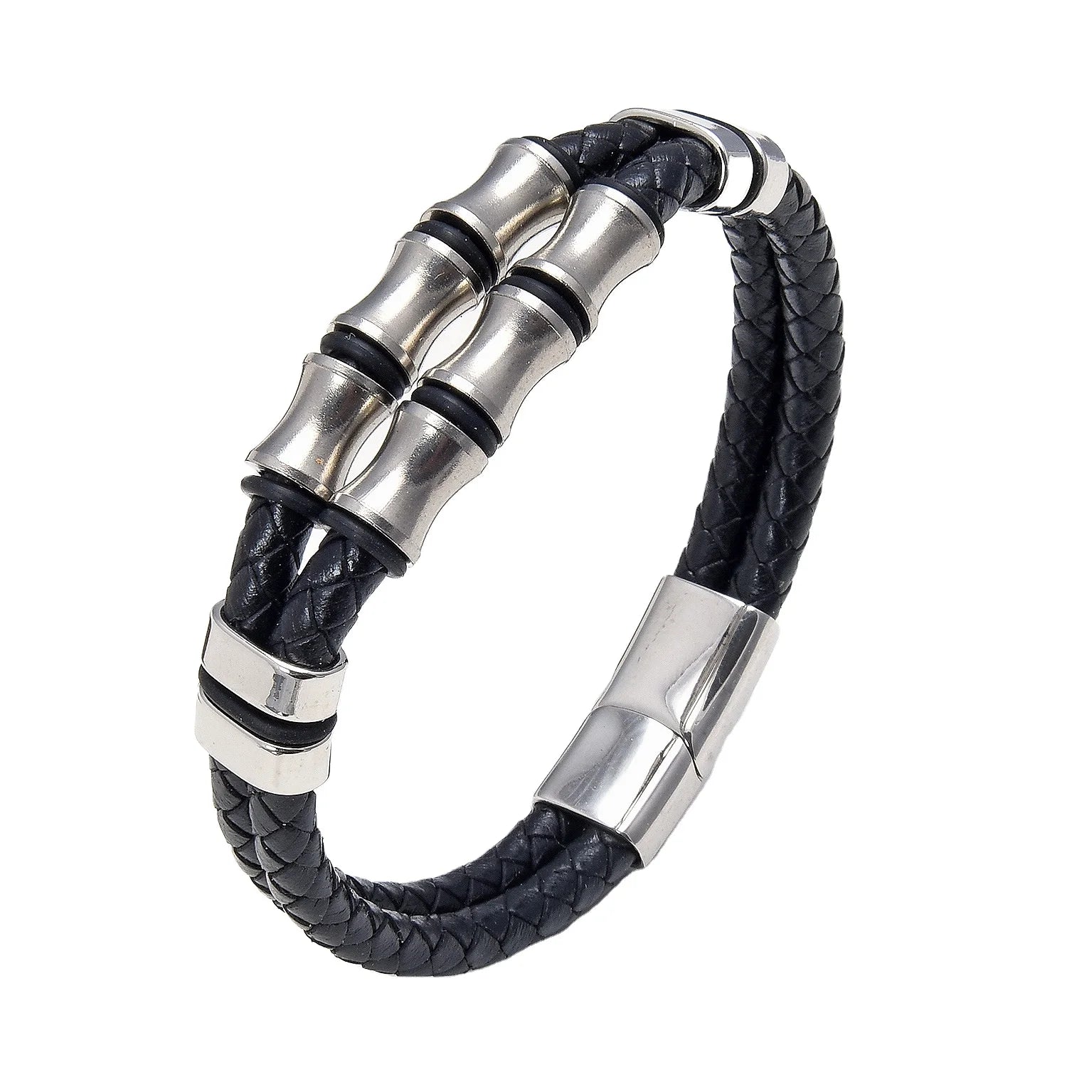 Mens Braided Leather Stainless Steel Beads Cowhide Rope Magnetic Clasp Bracelet