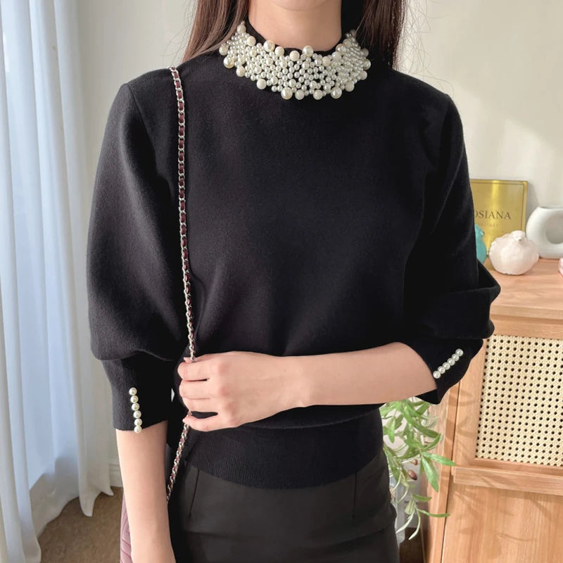 Wholesale 2026 Autumn New Retro Heavy Industry Pearl Half High Neck Design Loose and Casual Versatile Women's Sweater