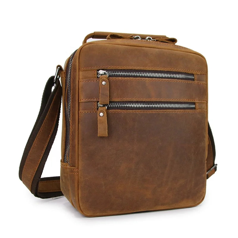 BEARKY Large Capacity Retro Leather Crossbody Bag for Men Casual Fashion Solid Color Shoulder Strap Women's Messenger Bag Travel