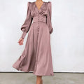 Ladies Wears Dresses Casual Elegant Women Long Sleeve Dress  Solid Color Satin Woman Dress
