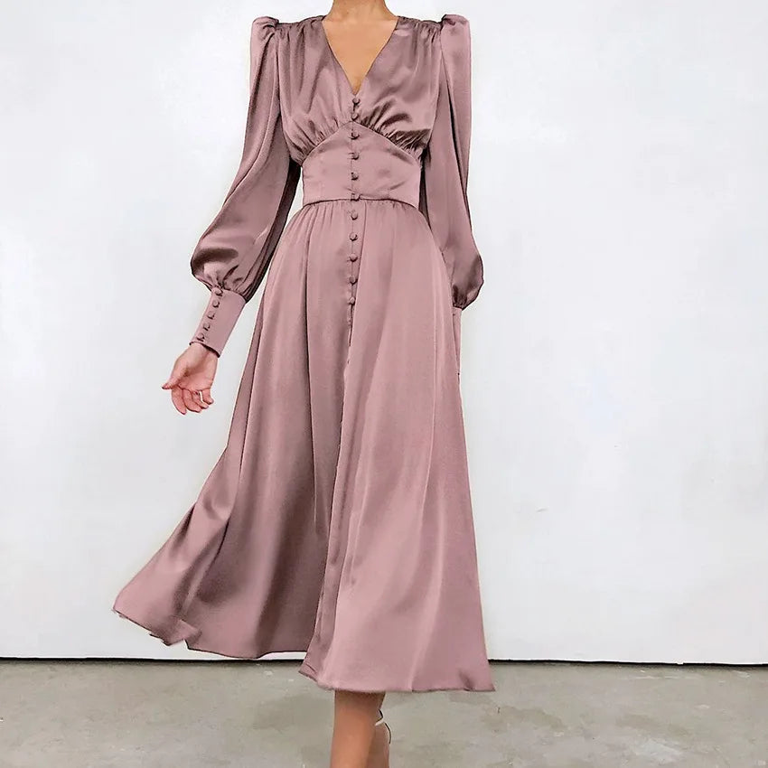 Ladies Wears Dresses Casual Elegant Women Long Sleeve Dress  Solid Color Satin Woman Dress