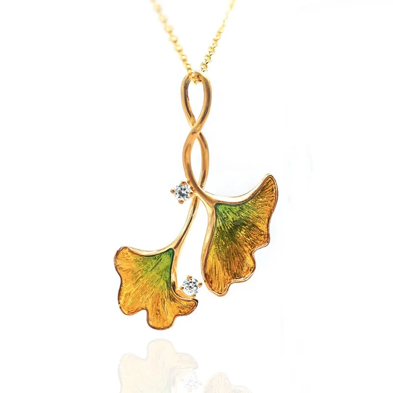 New Design Elegant Vermeil Gold Moissanite Ginkgo Leaf Pendant Necklace for Women Fine Jewelry with Light Luxury Designer Enamel