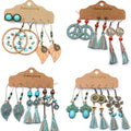 Wholesale 3 Pairs/Card Vintage Bohemia Style Antique Gold Bronze Plated Leaf Pendant Women Boho Tassel Earring Set Jewelry