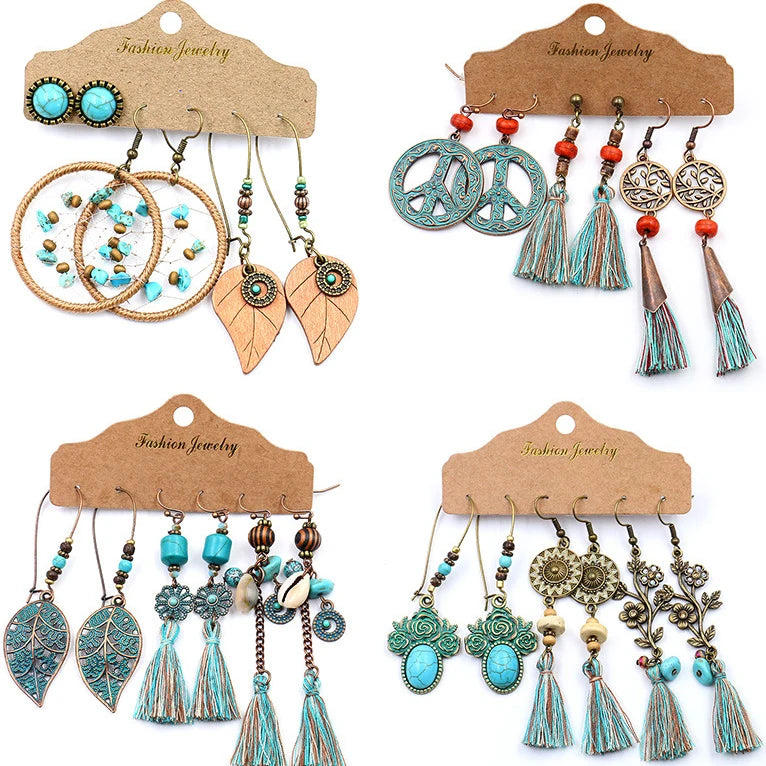 Wholesale 3 Pairs/Card Vintage Bohemia Style Antique Gold Bronze Plated Leaf Pendant Women Boho Tassel Earring Set Jewelry