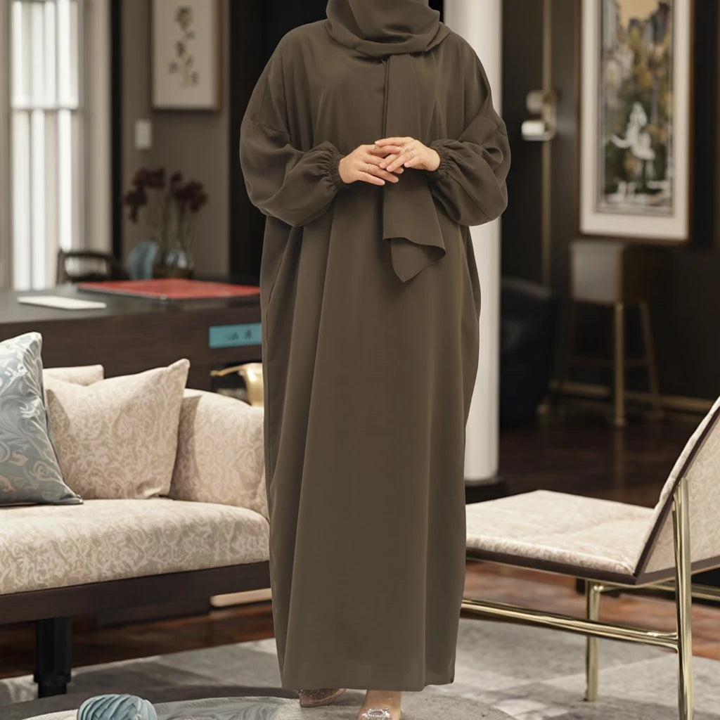 Loriya Fashion Women's Dresses Islamic Clothing Hoodie Abaya Muslim Long Prayer Dress Plain Attached Scarf Loose Prayer Abaya