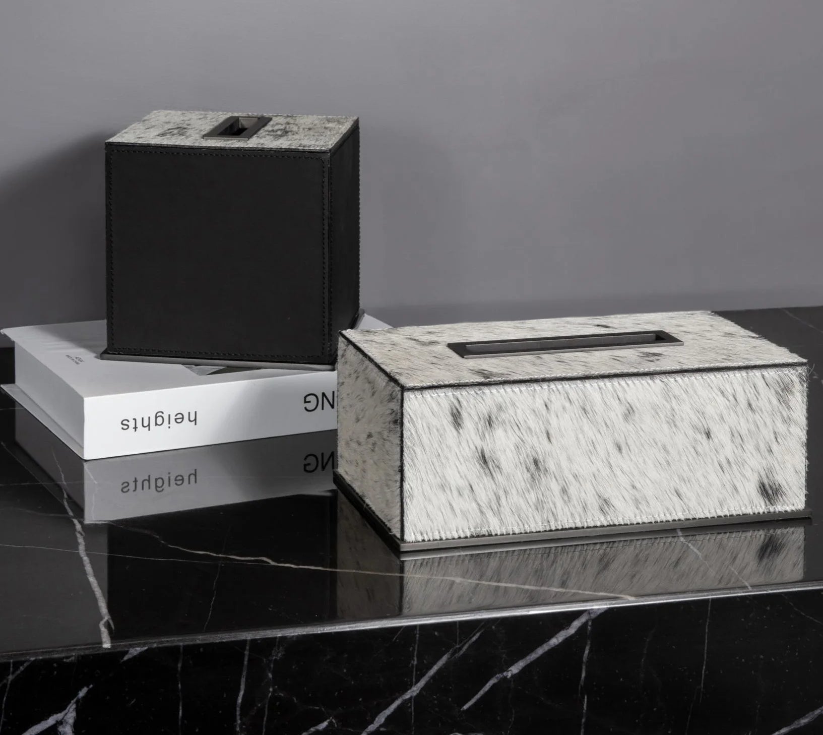 Luxury Rectangular Soft Real Horse Fur Leather Napkin Holder and Tissue Box Black for Hotels Home and Car