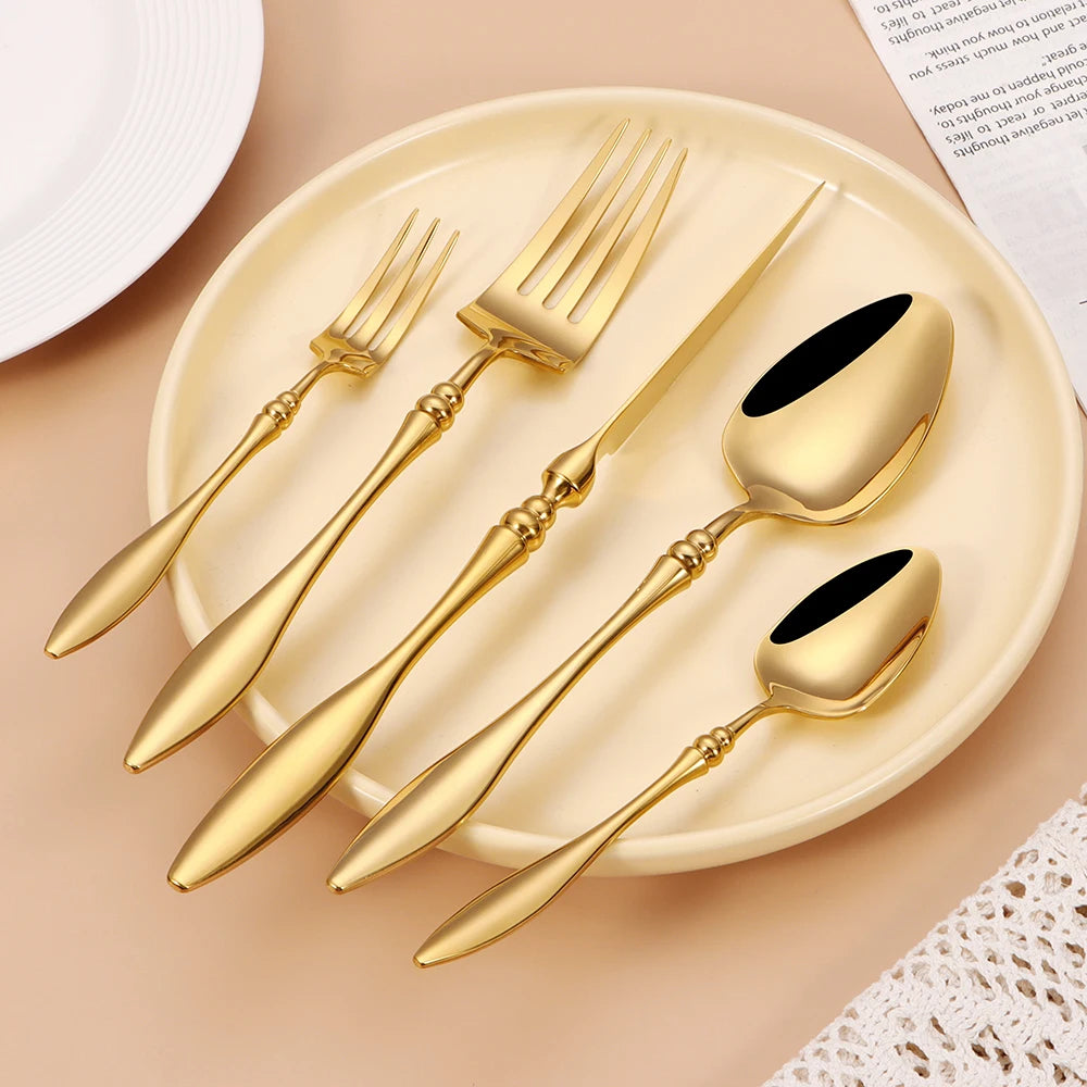 French Style High-End Forged 304 Stainless Steel Tableware Hotel Steak Knife Fork Spoon Gold Cutlery Set for Wedding