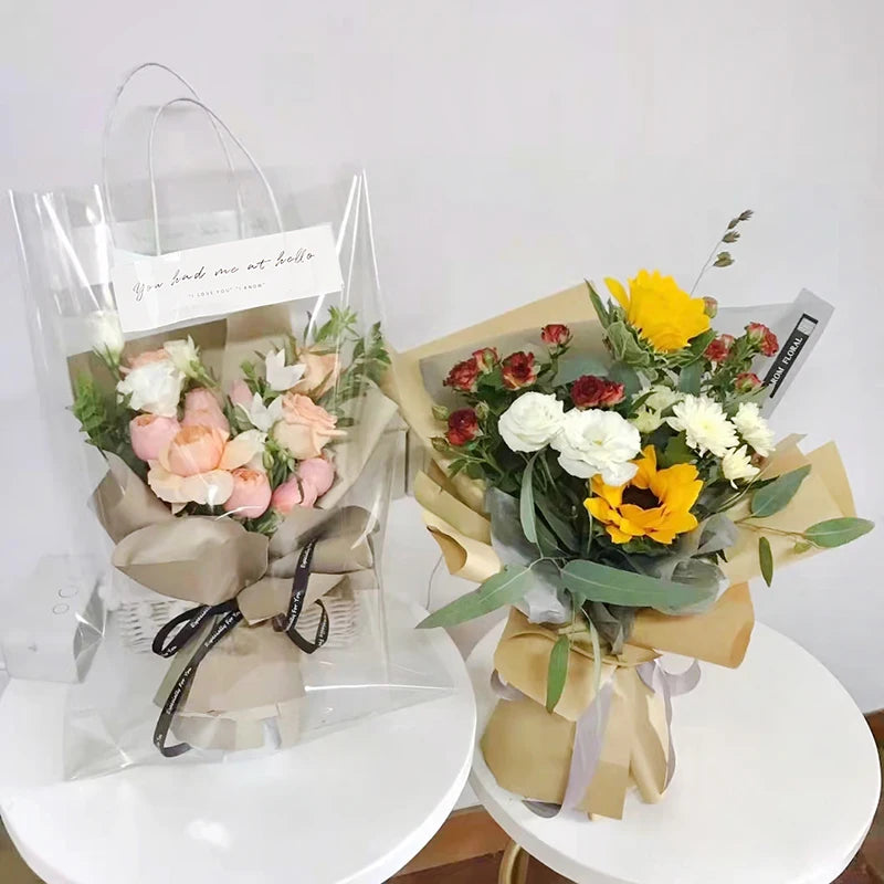 JAYWOOD Hot Sale 20PCS Waterproof Plastic Wrapping Handbags Gift Packaging Transparent Flower Carrier Bag with Paper Handle
